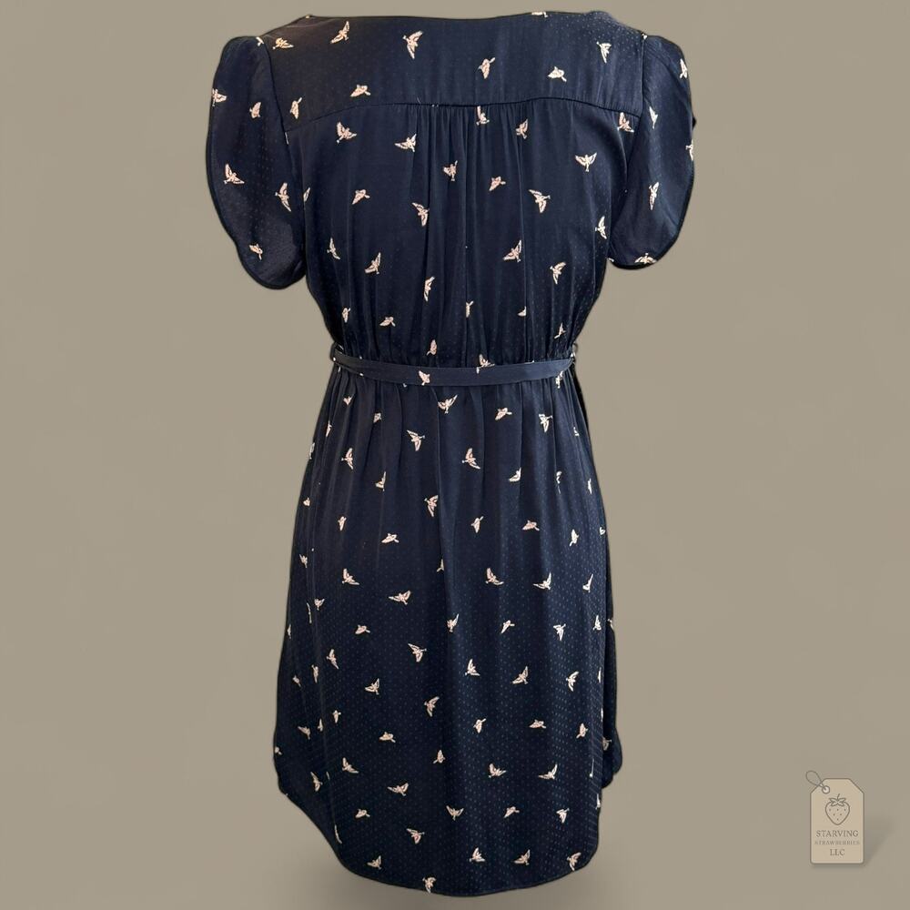 H&M Mama Navy Bird Print Dress | Flutter Sleeve Belted V-Neck | Maternity Small - Picture 7 of 9
